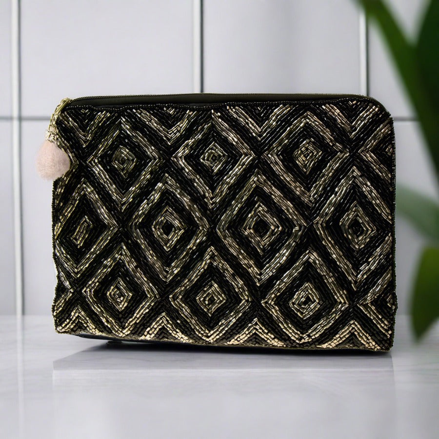 Black & Grey Diamond Beaded Bag