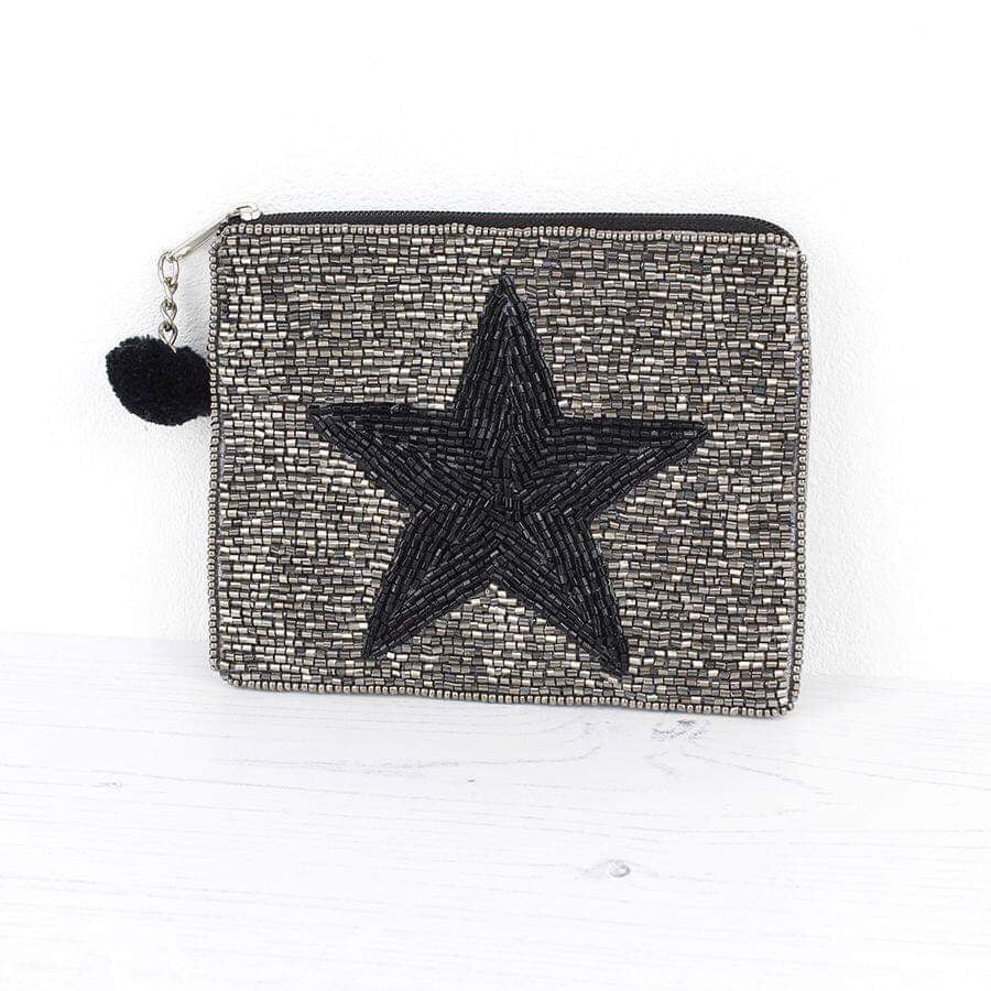 Metallic Grey Beaded Bag With Black Star