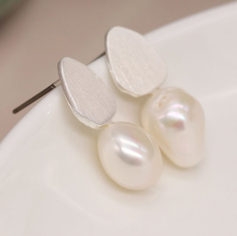 Brushed Silver Tear Drop Earrings with Freshwater Pearls