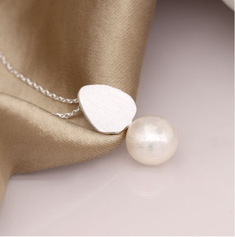 Brushed Silver Tear Drop Pendant necklace with Freshwater Pearl