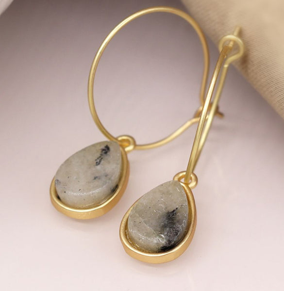 Matt Gold Fine Hoop and Agate Teardrop Earrings