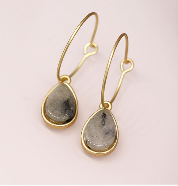 Matt Gold Fine Hoop and Agate Teardrop Earrings