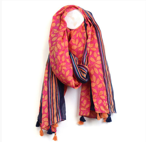 Red and Orange leaf print cotton scarf with stripes and tassels