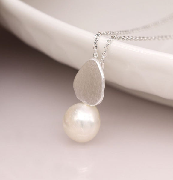 Brushed Silver Tear Drop Pendant necklace with Freshwater Pearl