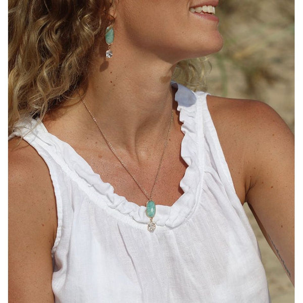 Aqua Stone and Crystal Golden Drop Necklace