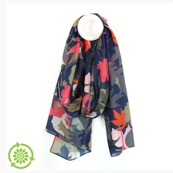 Navy, Sage and Pink Recycled Falling Leaves Print Scarf