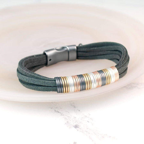 Grey Cord Mixed Metal Rings Bracelet