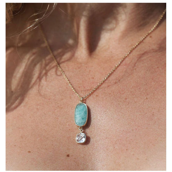Aqua Stone and Crystal Golden Drop Necklace
