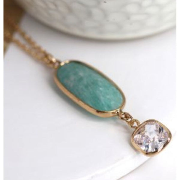 Aqua Stone and Crystal Golden Drop Necklace