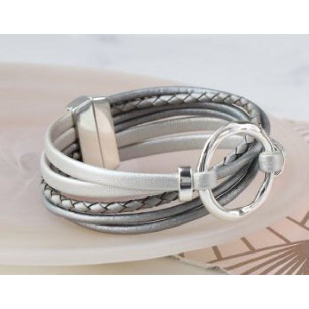 Multi Strand Grey Leather & Silver Hoop Bracelet