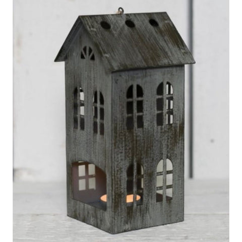 Grey Distressed Metal House - Tea Light Holder 16.5cm