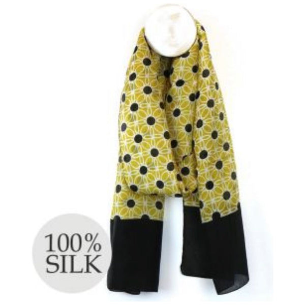 100% Silk Black and Mustard Flower Print Scarf