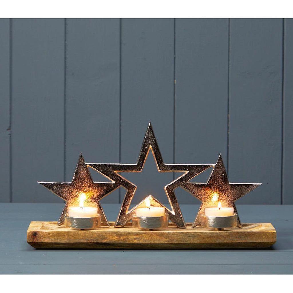 Silver Stars with 3 T-lights on a Wooden Base