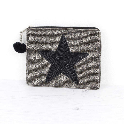 Metallic Grey Beaded Bag With Black Star