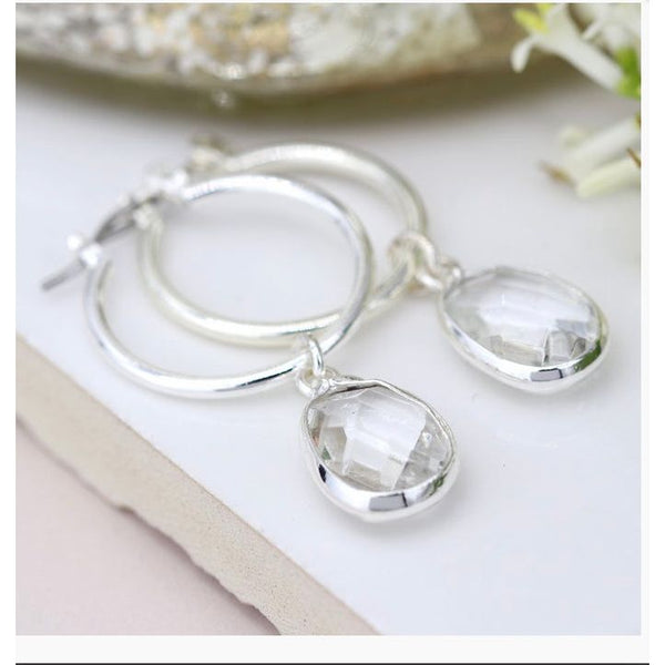 Silver Hoops with Clear Crystal Drop