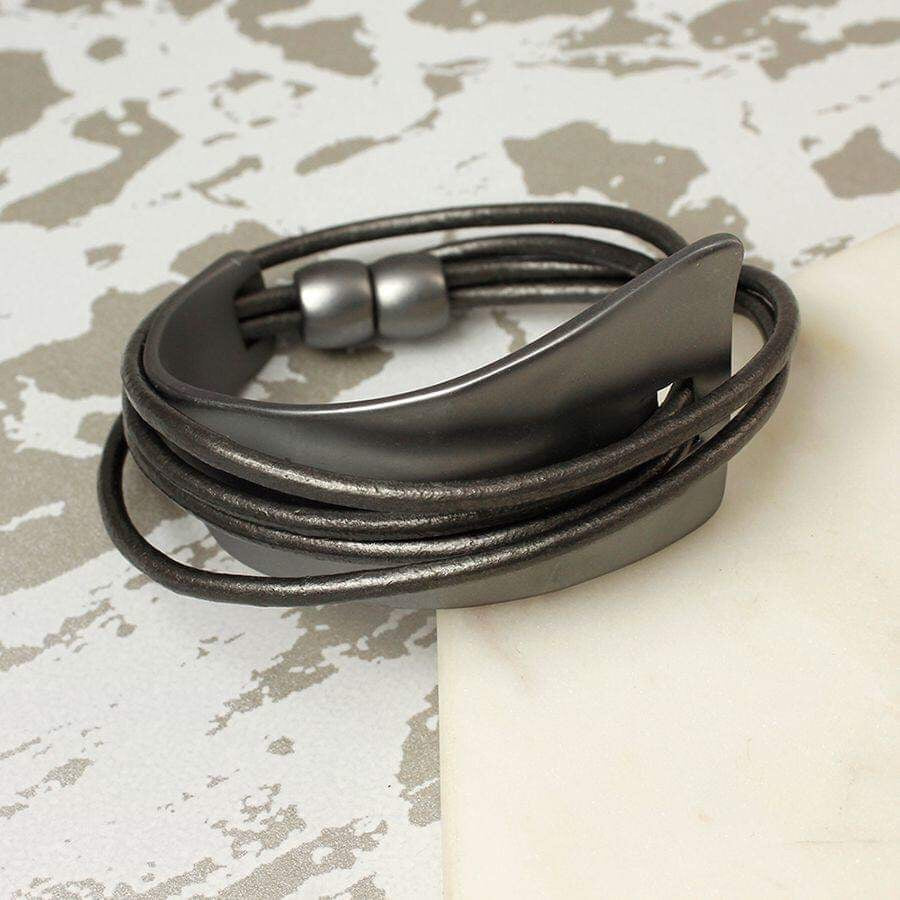 Dark Grey Leather and Metal Curve Wrap Bracelet
